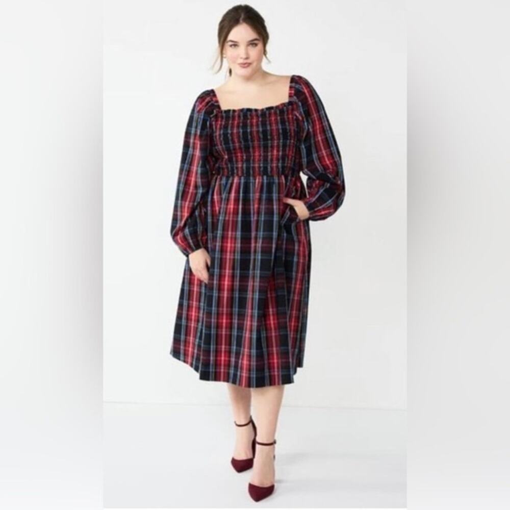 Draper James Red and Blue Plaid Midi Dress